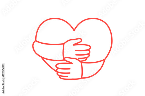 Neon heart with thumbs up gesture in red color on white background