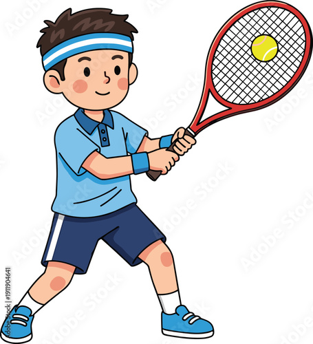 Cartoon Illustration of a Cute Young Boy Character Playing Tennis Wearing Athletic Apparel and Headband Hitting a Yellow Ball with Red Racket for Sports Design