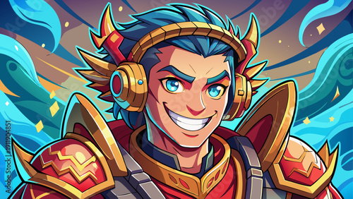 Very beautiful fictional dragon-slayer character wearing headphones, smiling confidently, modern fantasy style, detailed armor elements, vibrant colors, and playful heroic personality on clean backgro