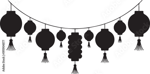 Ramadan Hanging Lanterns Black Silhouette Vector Isolated on White Background