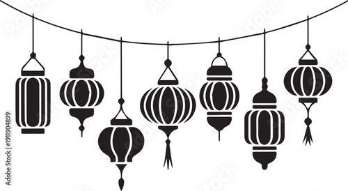 Ramadan Hanging Lanterns Black Silhouette Vector Isolated on White Background