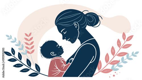 Tender mother carrying infant in silhouette surrounded by colorful leaves and flowers symbolizing love and nurturing
