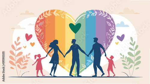 Loving family holding hands in front of a large rainbow heart with smaller hearts and plants around them on a beige background