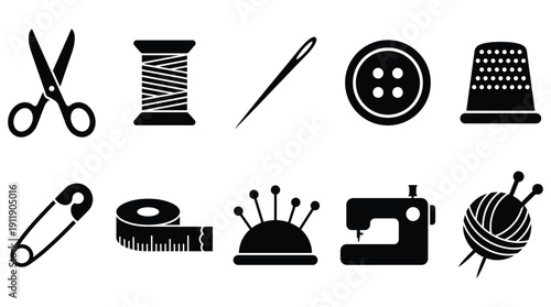 Sewing and tailoring tools and equipment icons set in black and white