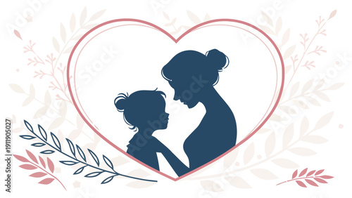 Mother and child in heart shaped frame with leaves symbolizing love and family bonding in a simple yet elegant design