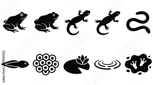 Black silhouettes of frogs, lizard, snake, and pond life icons on white background