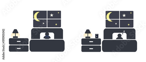 Vector illustration of bedroom at night showing blue light from smartphone in bed versus calm sleep with phone on nightstand