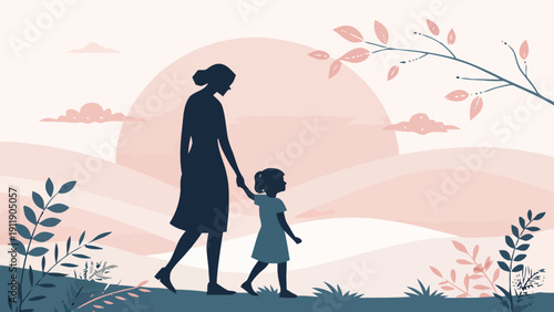 Mother and child walking hand in hand at sunset in minimalist scandinavian style