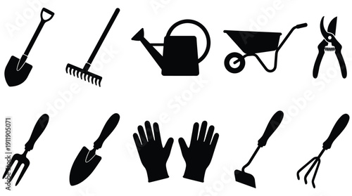 Gardening tools and equipment in black silhouette on white background