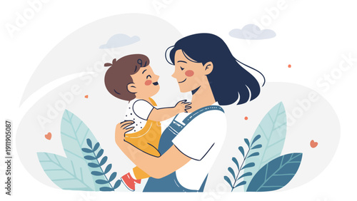 Loving mother holding adorable toddler in arms surrounded by lush greenery and playful hearts conveying warmth and joy in a modern flat vector illustration