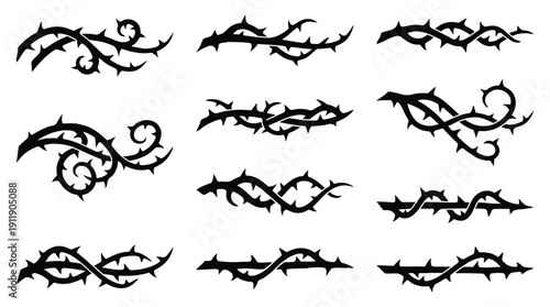 Collection of black barbed wire illustrations on white background