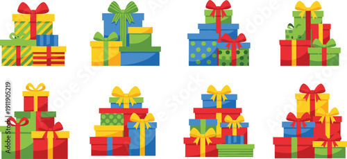 Collection of Colorful Gift Box Stacks with Ribbons and Bows Featuring Various Patterns Like Polka Dots and Stripes for Birthday Christmas Celebration and Holiday Surprise