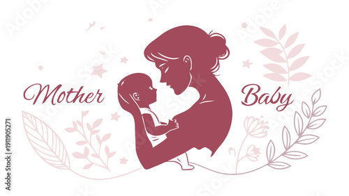Mother tenderly holding baby in profile view with floral elements and leaves on white background