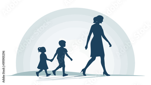 Silhouette of a modern mom and her kids walking together hand in hand against a pastel rainbow background