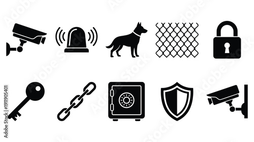 Security icons set including cameras, alarms, locks, and shields on white background