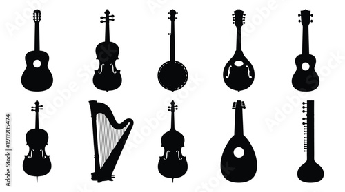 Silhouettes of various stringed musical instruments on white background