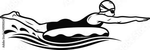 Vector illustration of a professional swimmer athlete wearing goggles and cap training on a swim board, water splashes, isolated on white background,