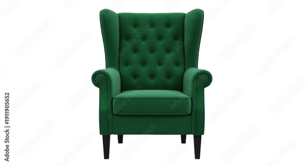 Fototapeta premium Elegant emerald green armchair isolated PNG, luxurious velvet wingback chair for living room or bedroom furniture design