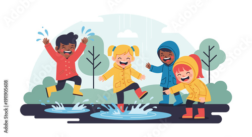 Children in raincoats happily jumping in puddles outdoors