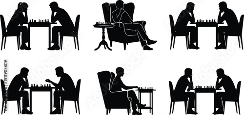 Chess Players Silhouette Set Strategic Board Game Competition Black and White Vector Illustration Collection Isolated Background