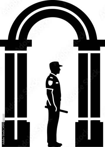 Security Guard Standing Under Archway Entrance Silhouette Icon