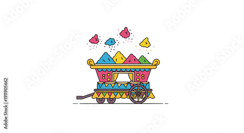 Colorful Holi festival cart with powder dyes in flat illustration style