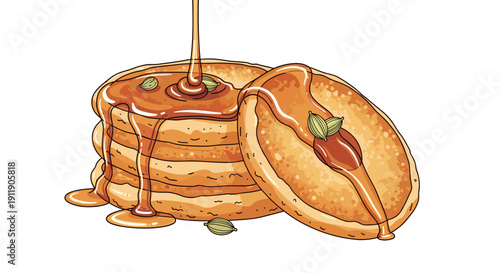 Stack of pancakes with syrup and cardamom pods