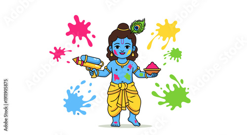 Cute baby Krishna with pichkari and color bowl for Holi festival