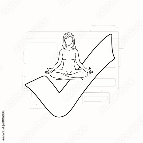 Minimalist line art illustration of a serene nude woman meditating in lotus pose on a large checkmark, symbolizing digital wellness, approval, and inner peace in the modern world.