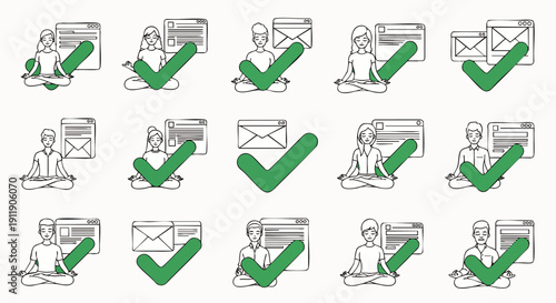 Mindful digital success: people meditating while completing online work, marked by green checkmarks, symbolizing calm productivity and digital well-being.