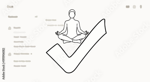 Mindful meditation success concept with a person in lotus pose on a large checkmark. Wellness, mental health, and achievement illustration for peace and balance.