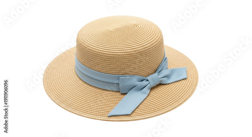 Elegant straw boater hat with blue ribbon isolated PNG, stylish summer headwear for sun protection and fashion accessory