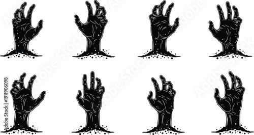 Creepy zombie hand silhouettes emerging from ground set isolated on white background ideal for Halloween horror themes spooky illustrations scary design elements and dark fantasy concepts