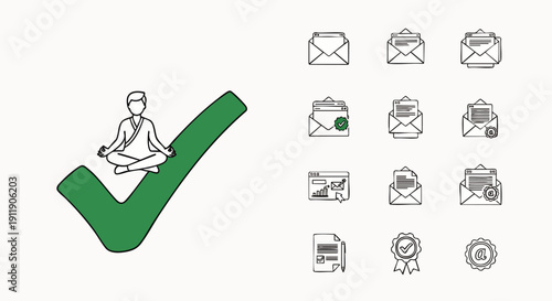 Achieving Success and Balance: Meditating Figure on Checkmark with Email, Message, and Document Icons for Digital Workflow