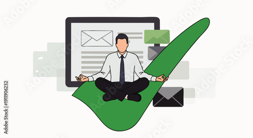 Serene businessman meditating on a large green checkmark, symbolizing successful task completion, efficient email management, and stress-free digital productivity.