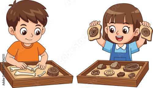 Cute kids exploring fossils and bones in sandbox, children learning paleontology with dinosaur skeleton and ammonite illustration isolated on white background