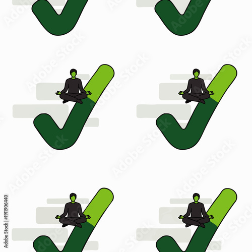 Mindful meditation for success and well-being. A person in a lotus pose on a green checkmark, symbolizing mental clarity, spiritual growth, and achievement.