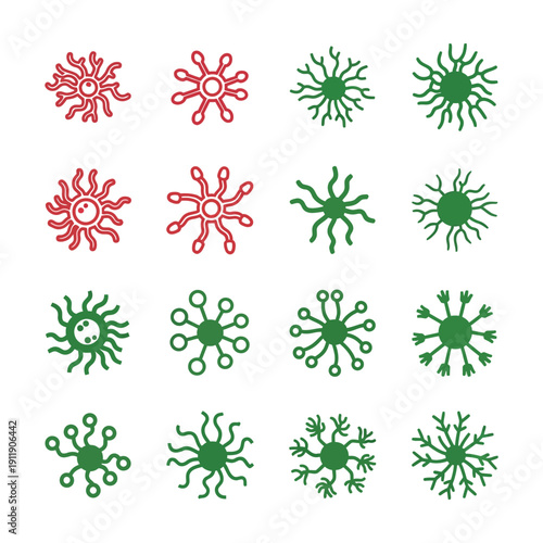 Green and red virus or bacteria on white background