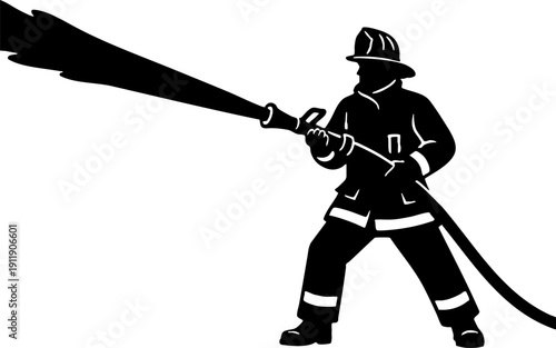 Firefighter spraying water stream with hose black and white vector.