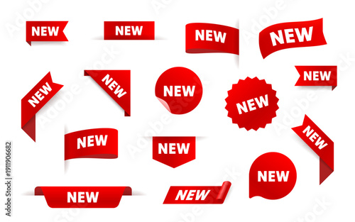 Vibrant red NEW labels, tags, and stickers set.