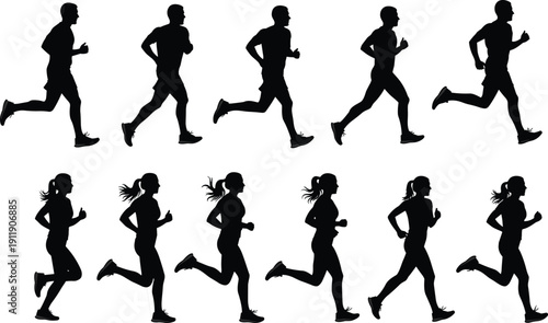 Running Silhouette Sequence Set of Male and Female Joggers in Motion Isolated on White Background Fitness Vector Illustration