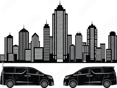 City skyline silhouette with modern minivan cars, urban transportation concept, metropolitan architecture and vehicle illustration, black vector isolated on white background