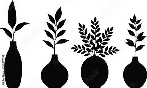 Decorative potted plant silhouette collection, minimalist botanical vase design, indoor greenery elements, elegant black isolated vector illustration set