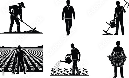 Farmer silhouette collection showing agricultural activities, digging soil, watering plants, harvesting crops, rural lifestyle, farming work scenes, black isolated vector illustration set