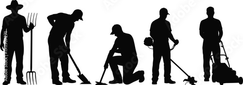 Gardener silhouette collection with garden tools, lawn mower, trimming, digging, landscaping work scenes, black isolated vector illustration set