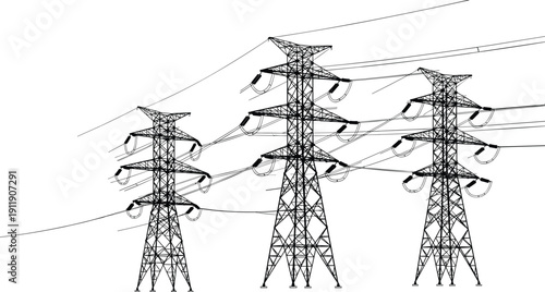 High voltage electricity transmission towers illustration showing power lines infrastructure, energy distribution network, industrial electrical grid concept, black and white vector design