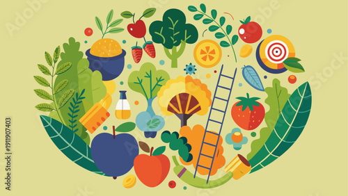 Colorful assortment of fresh fruits and vegetables arranged in a vibrant, organic pattern.