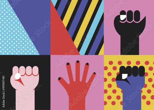 Colorful pop art illustration featuring raised fists and geometric patterns in a grid