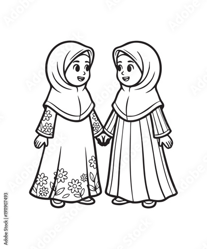 Two Little Muslim Girls Wearing Floral and Striped Patterned Dresses Holding Hands in Friendship Line Art