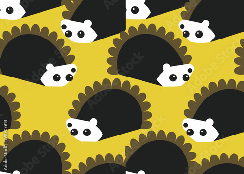 Seamless vector pattern featuring cute stylized hedgehogs with black bodies on a yellow background